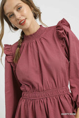 Trendsi Umgee Textured Midi Dress with Ruffle Shoulder Detail -