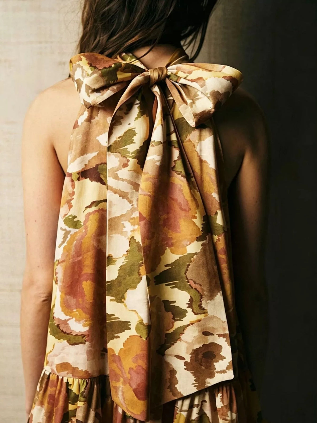 Camel Floral Print Sleeveless Mini Dress with Bow back-bow detail