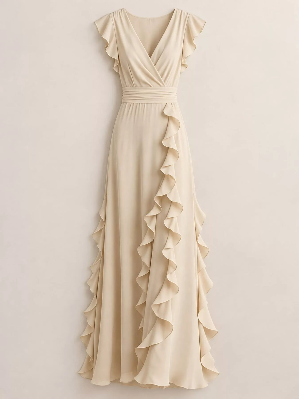 Cream ruffled surplice maxi dress, front product view