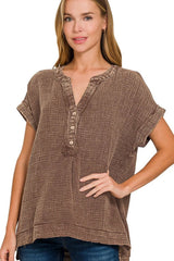 Trendsi Zenana Washed Double Gauze 3/4 Button Henley Neck Shirt -