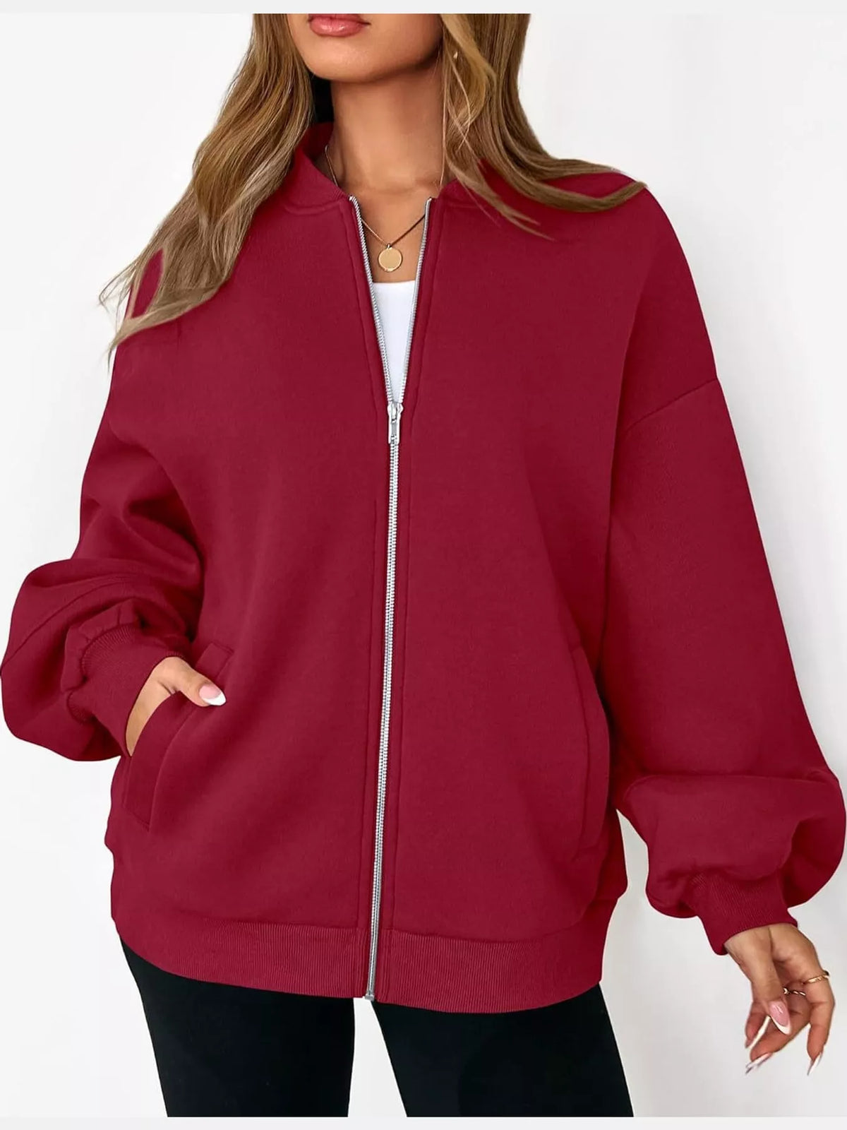 Red oversized zip-up jacket — front view