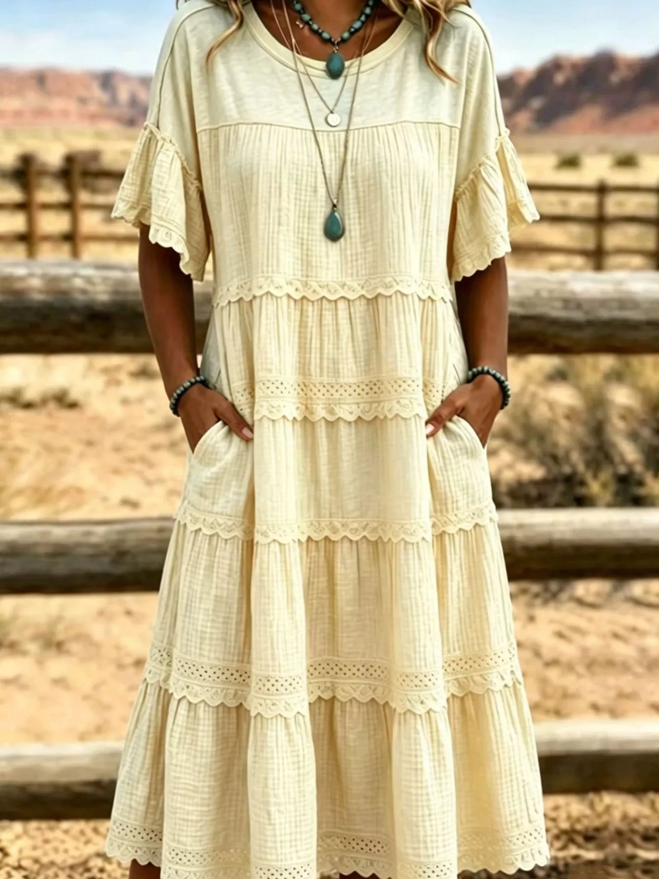 Trendsi Full Size Tiered Ruffle Sleeve Midi Dress with Pockets Plus Size -
