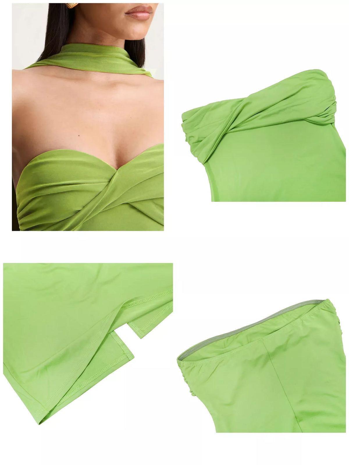 Green strapless ruched bodycon maxi dress with scarf, detail view