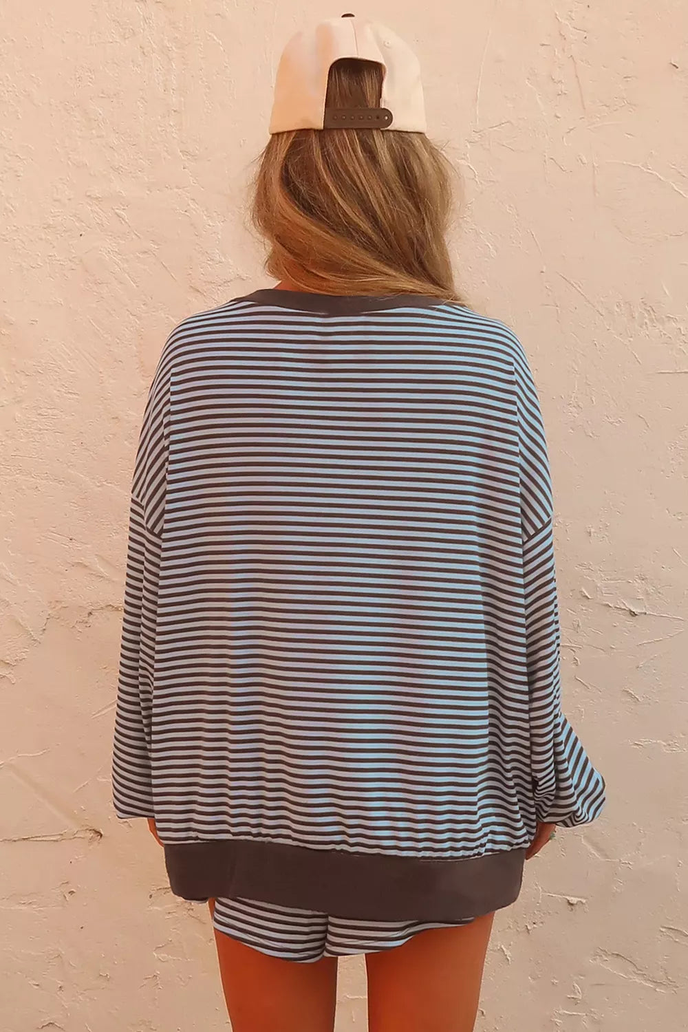 Trendsi Stripe Oversized Long Sleeve Top Drawstring Loose Shorts 2pcs Set -
