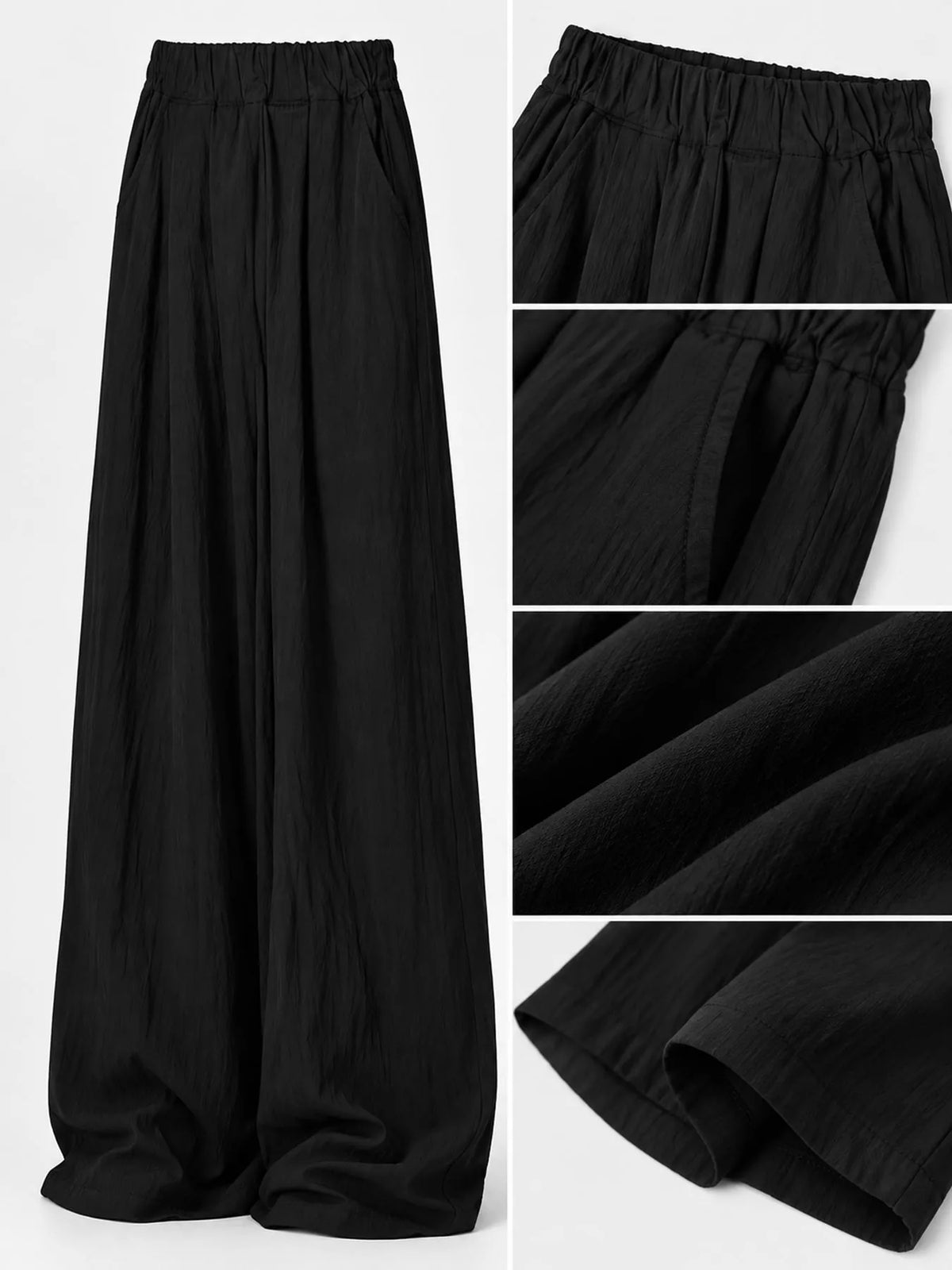 Women's High-Waisted Loose Fit Wide-Leg Casual Pants in black — detail collage view