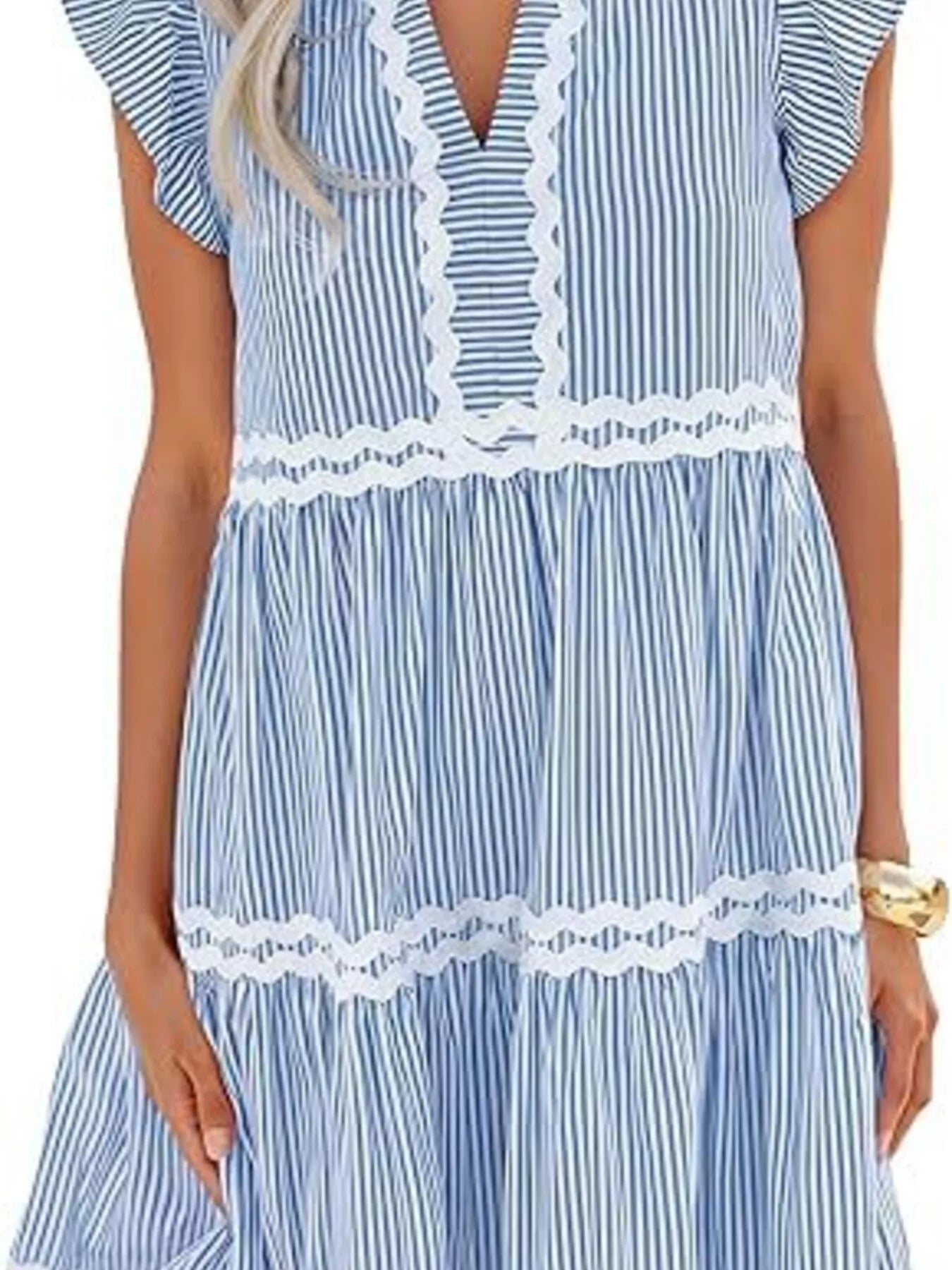 Trendsi Striped Ruffle Sleeve Tiered Dress -
