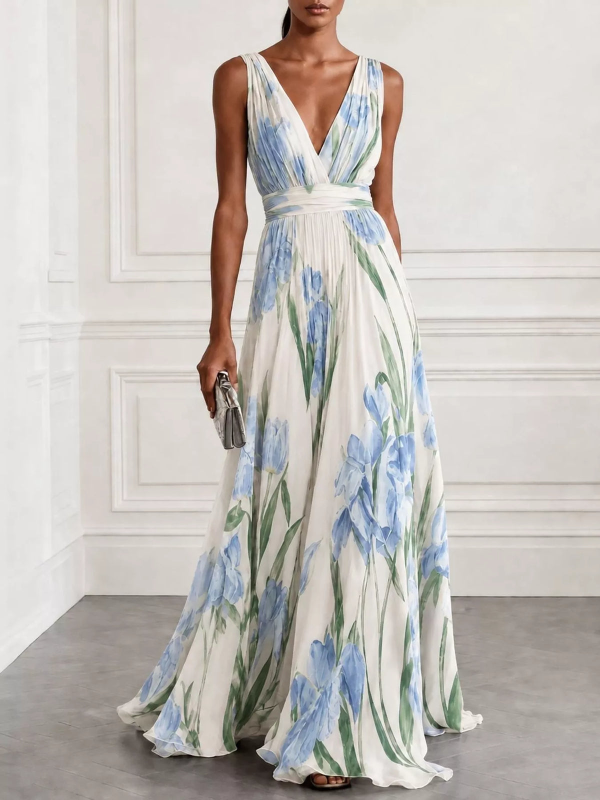 Women's Sleeveless Floral Print Maxi Dress in white floral — front view