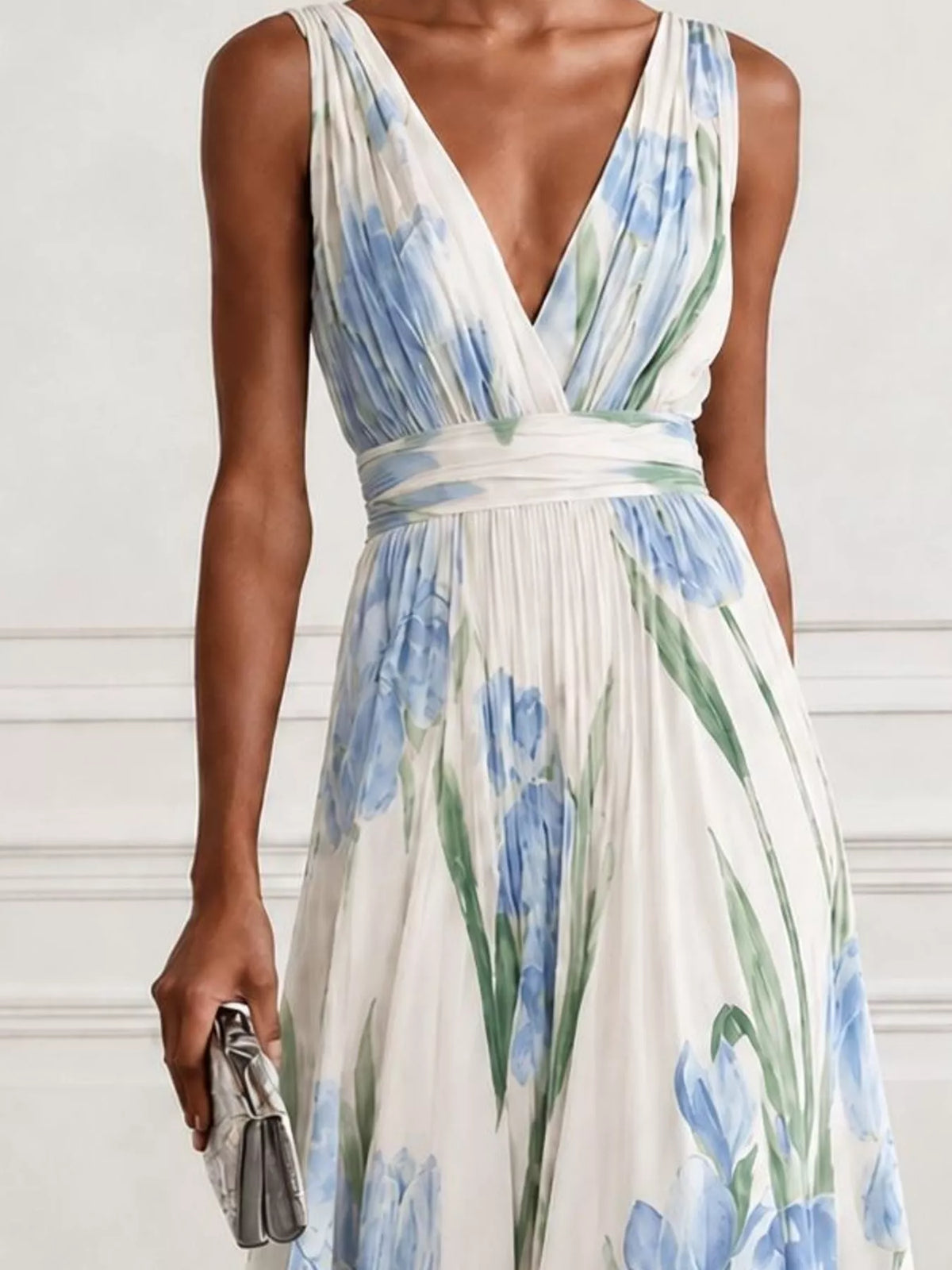 Women's Sleeveless Floral Print Maxi Dress in white floral — bodice detail view