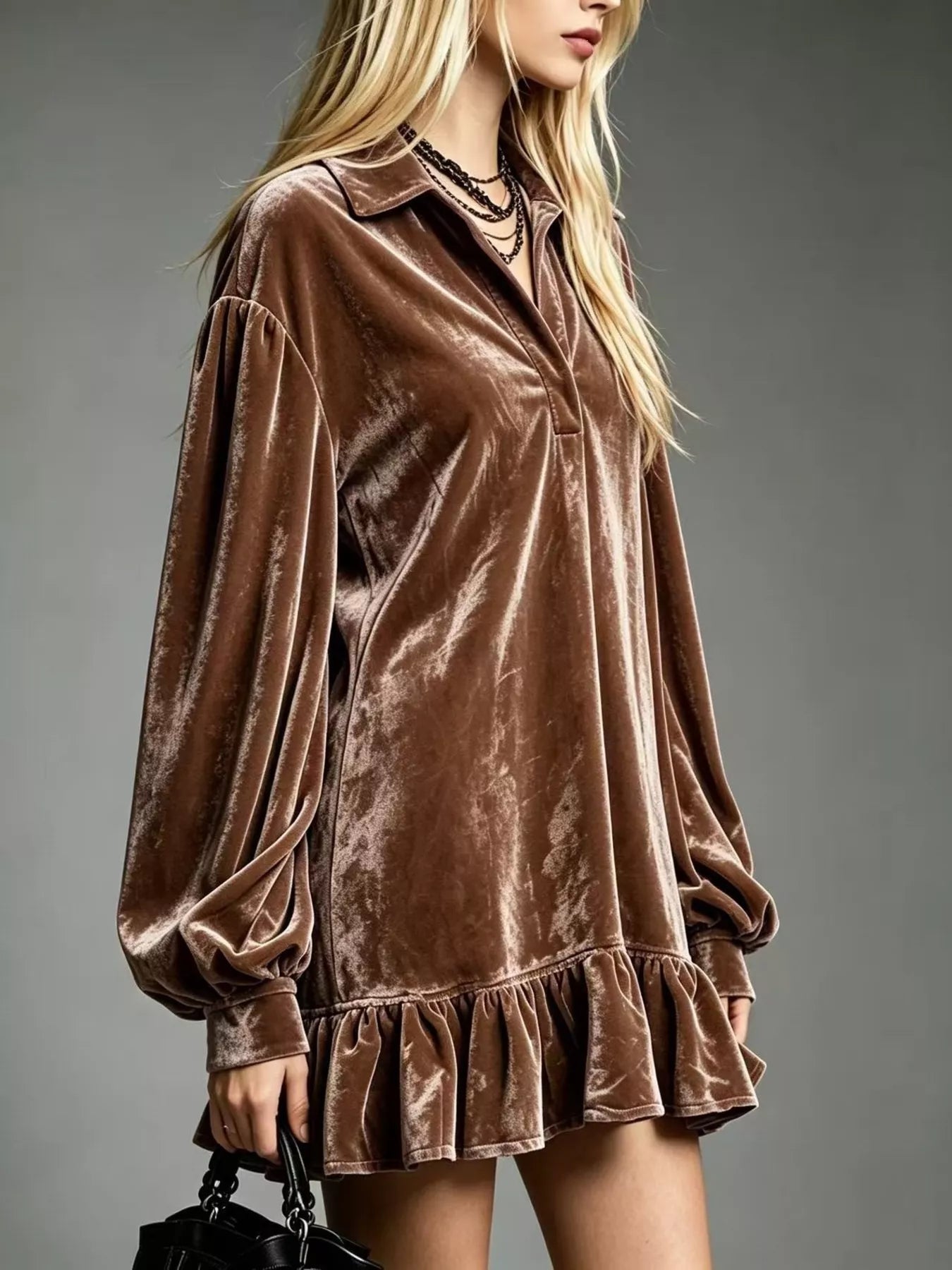 Trendsi Full Size Velvet Ruffled Hem Long Sleeve Dress Plus Size -