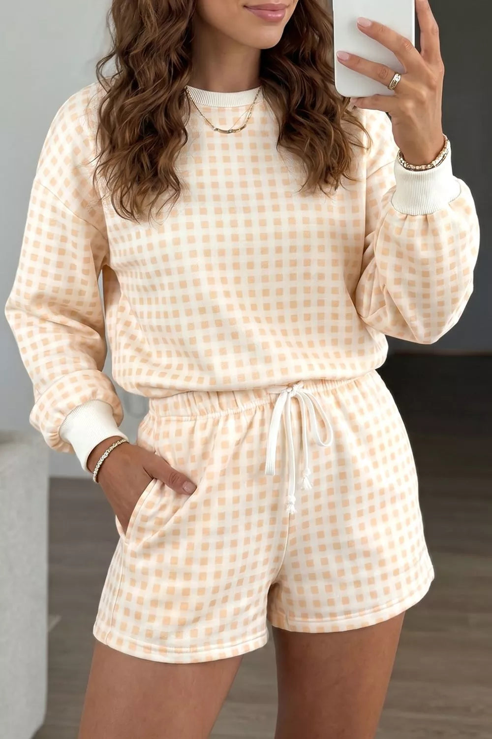 Gingham long sleeve sweatshirt and shorts set