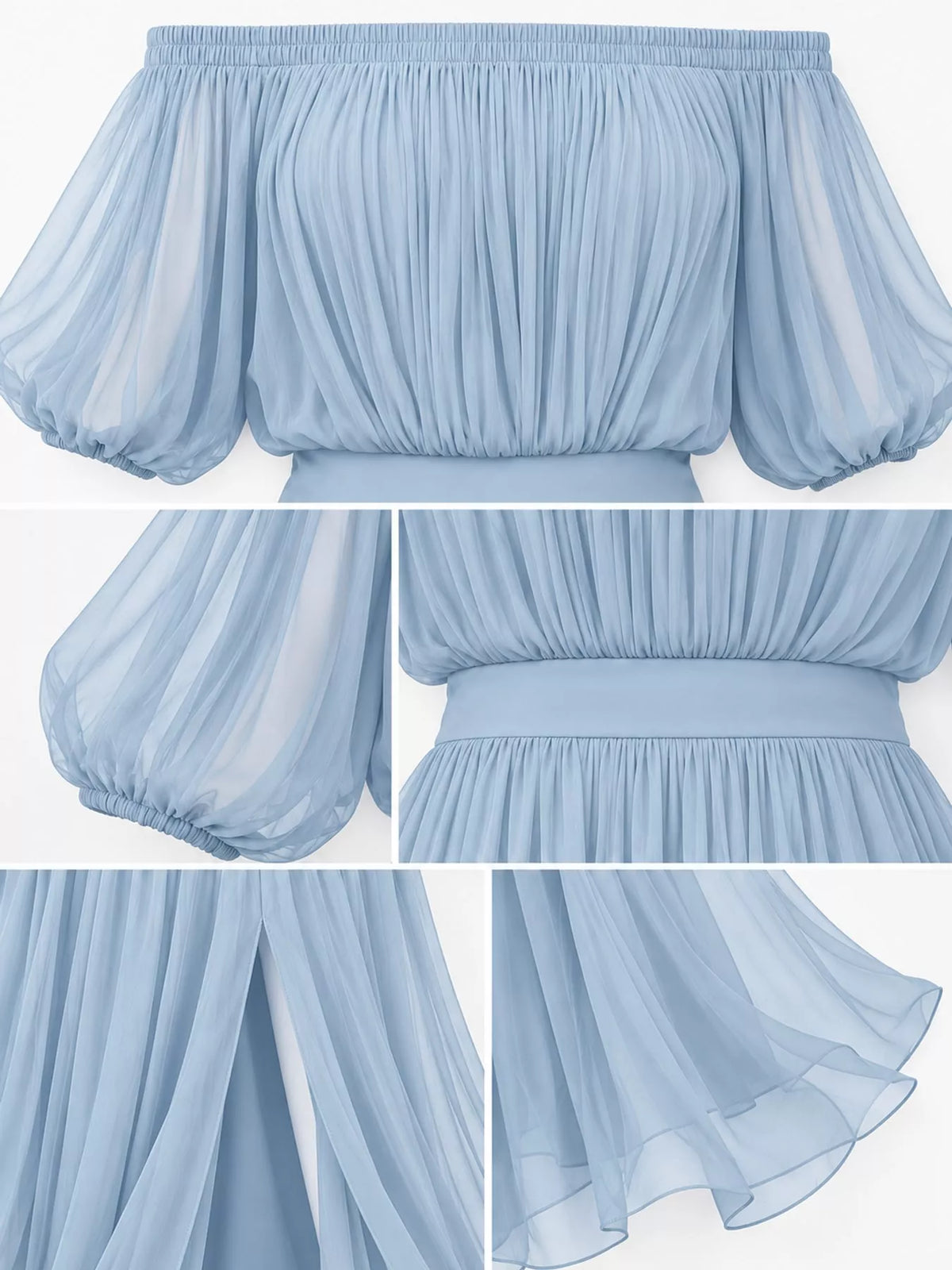 Light blue off shoulder ruched chiffon maxi dress, detail view