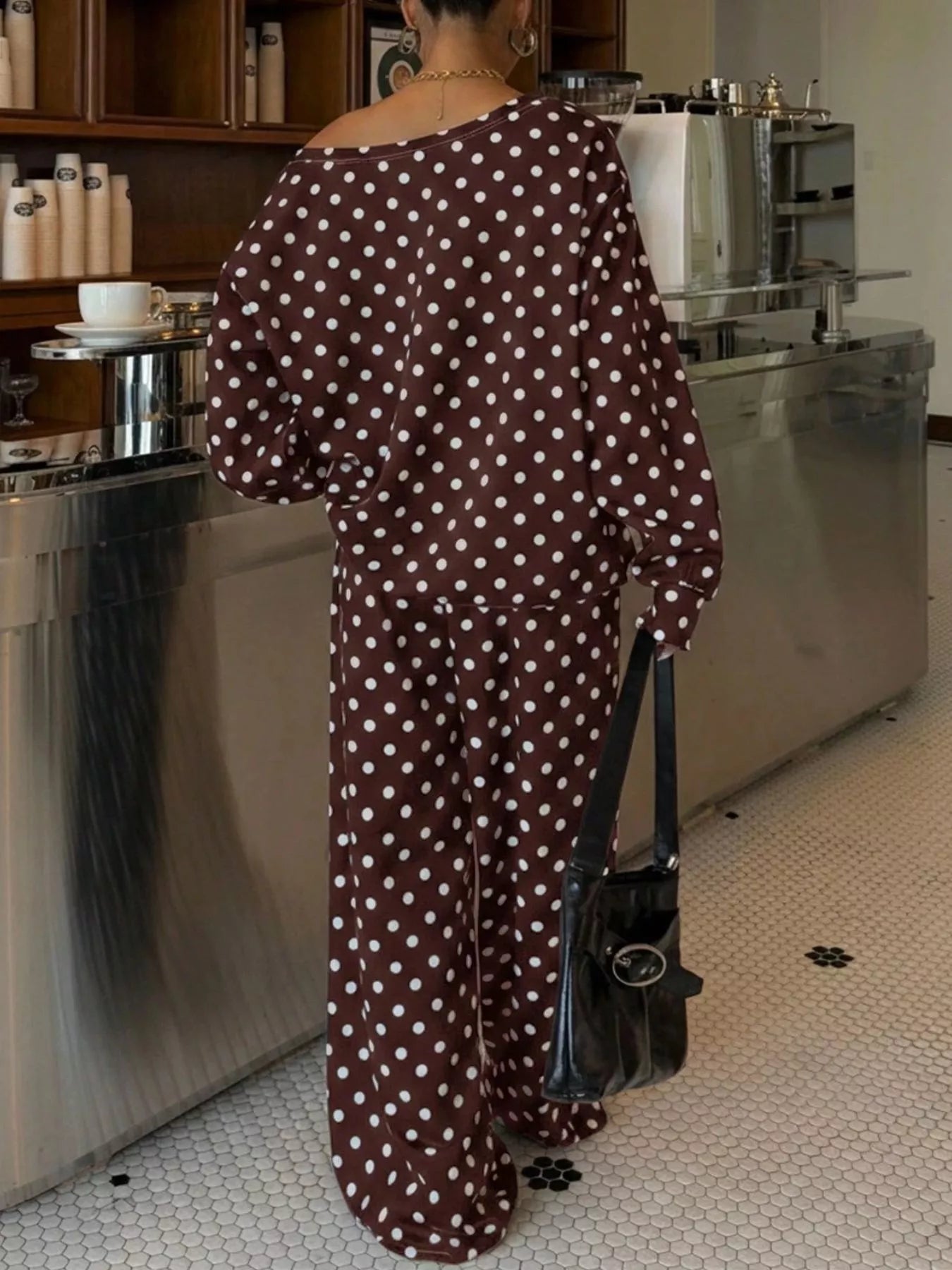 Women's polka dot boat neck top and pants set