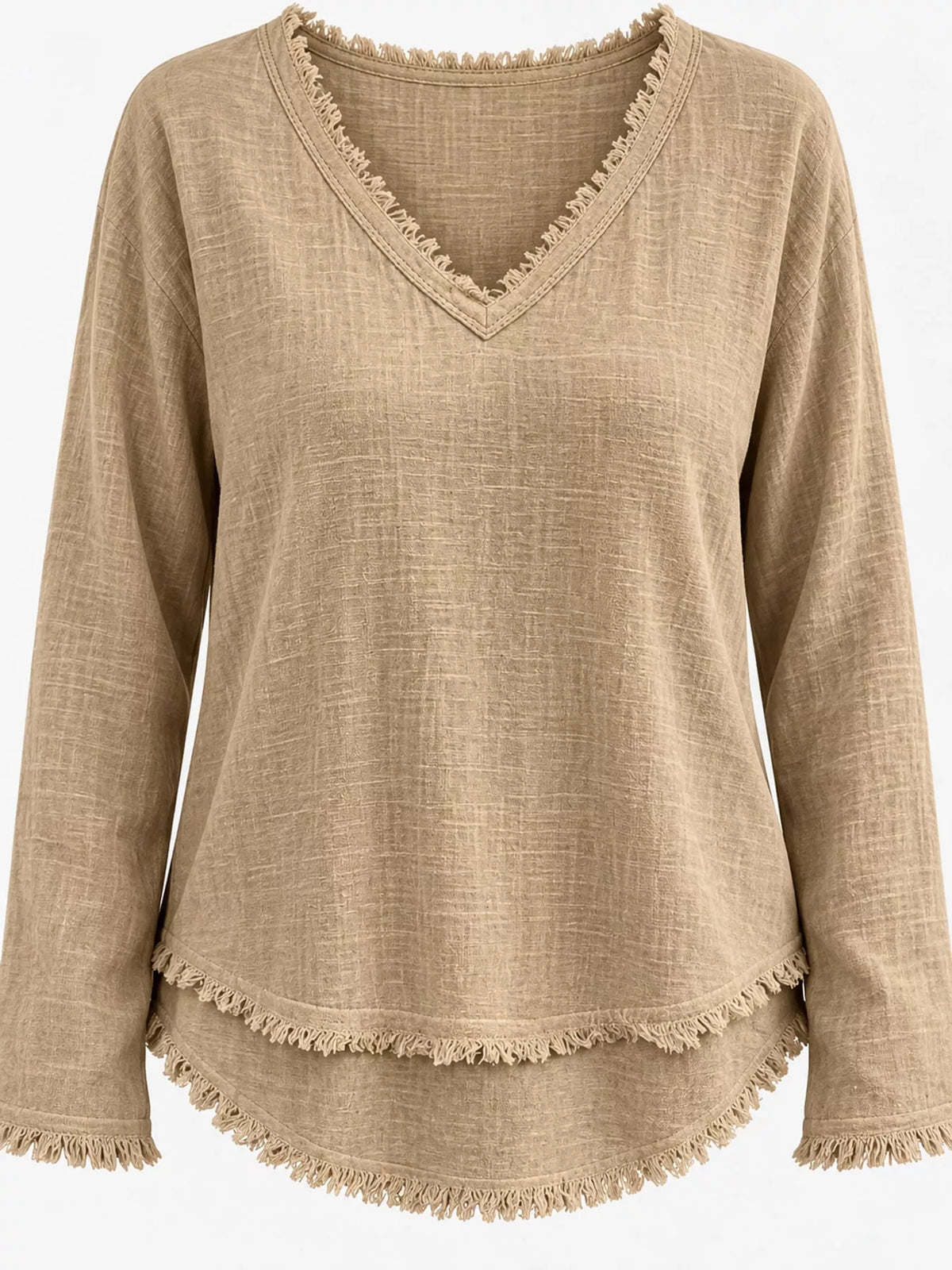 Frayed-hem blouse, tan front hem detail