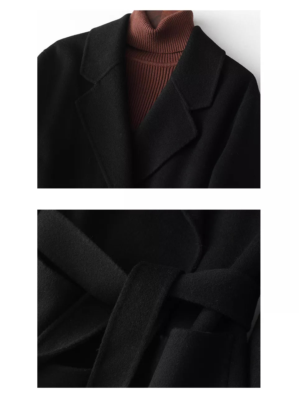 Black belted double-sided wool coat, lapel and tie-belt details