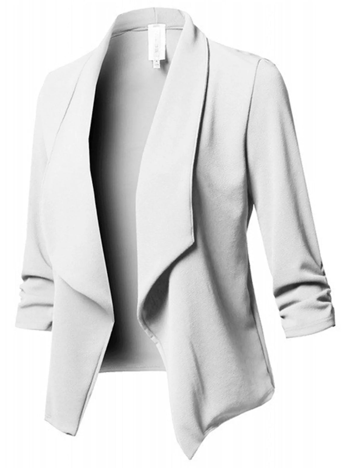 White open-front blazer with ruched 3/4 sleeves