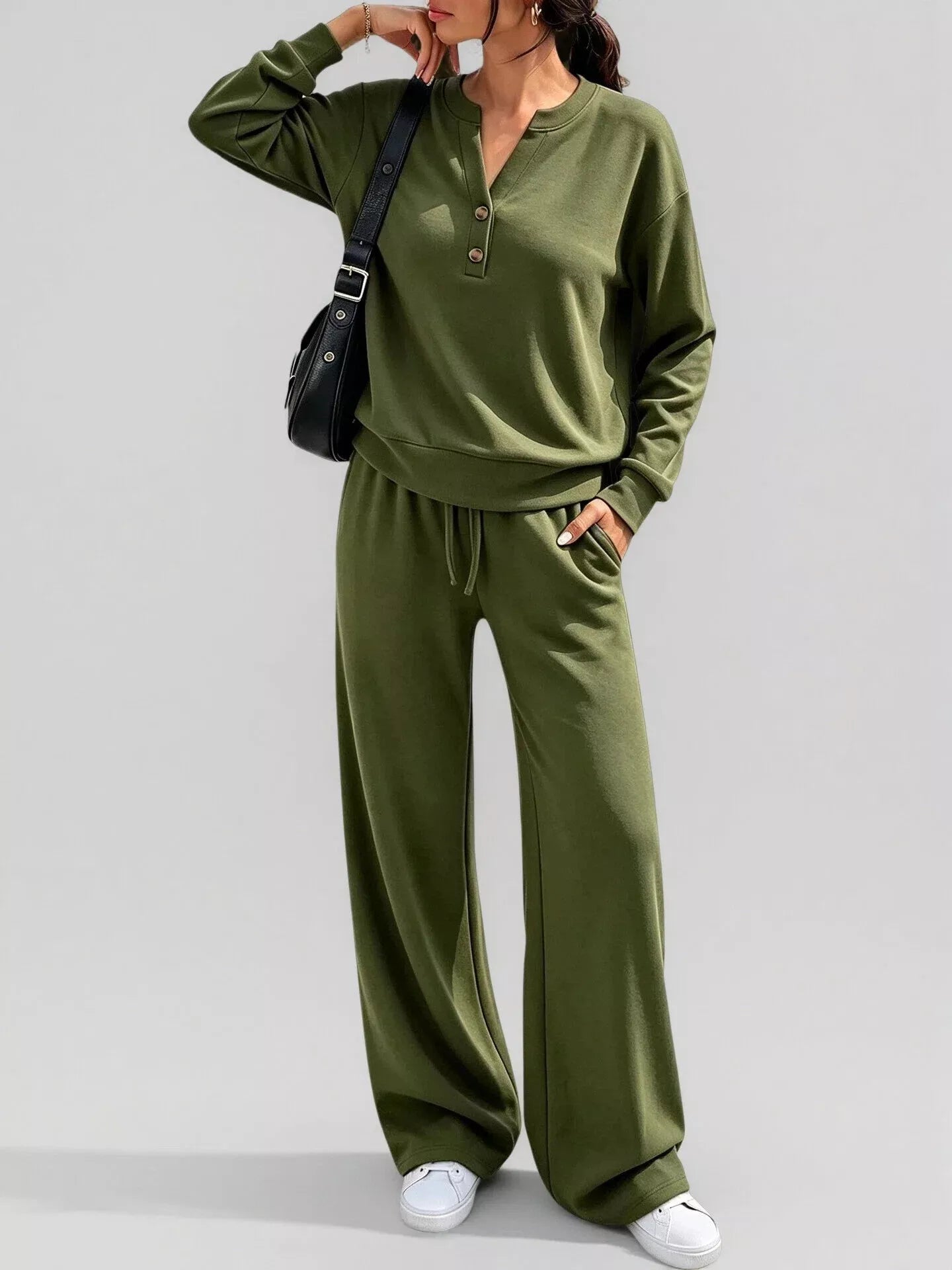 Button-detail dropped-shoulder top and pants set