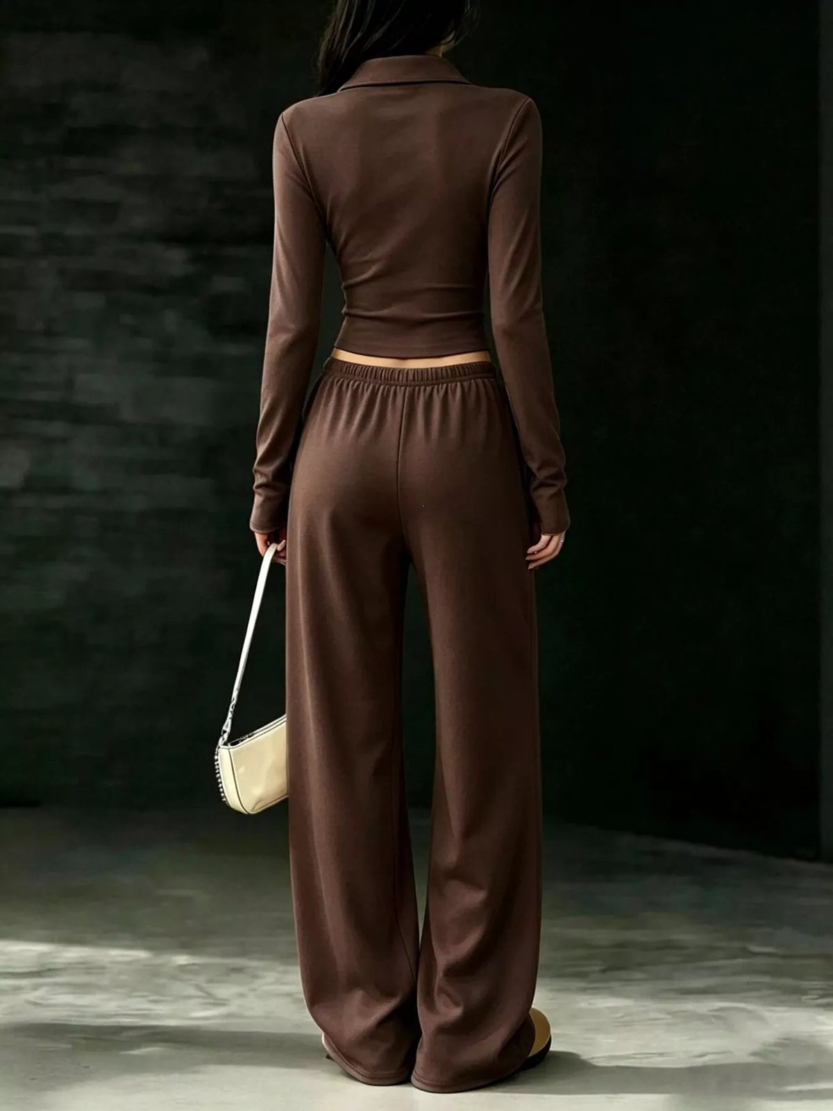 Brown collared crop top and wide-leg pants set, back view