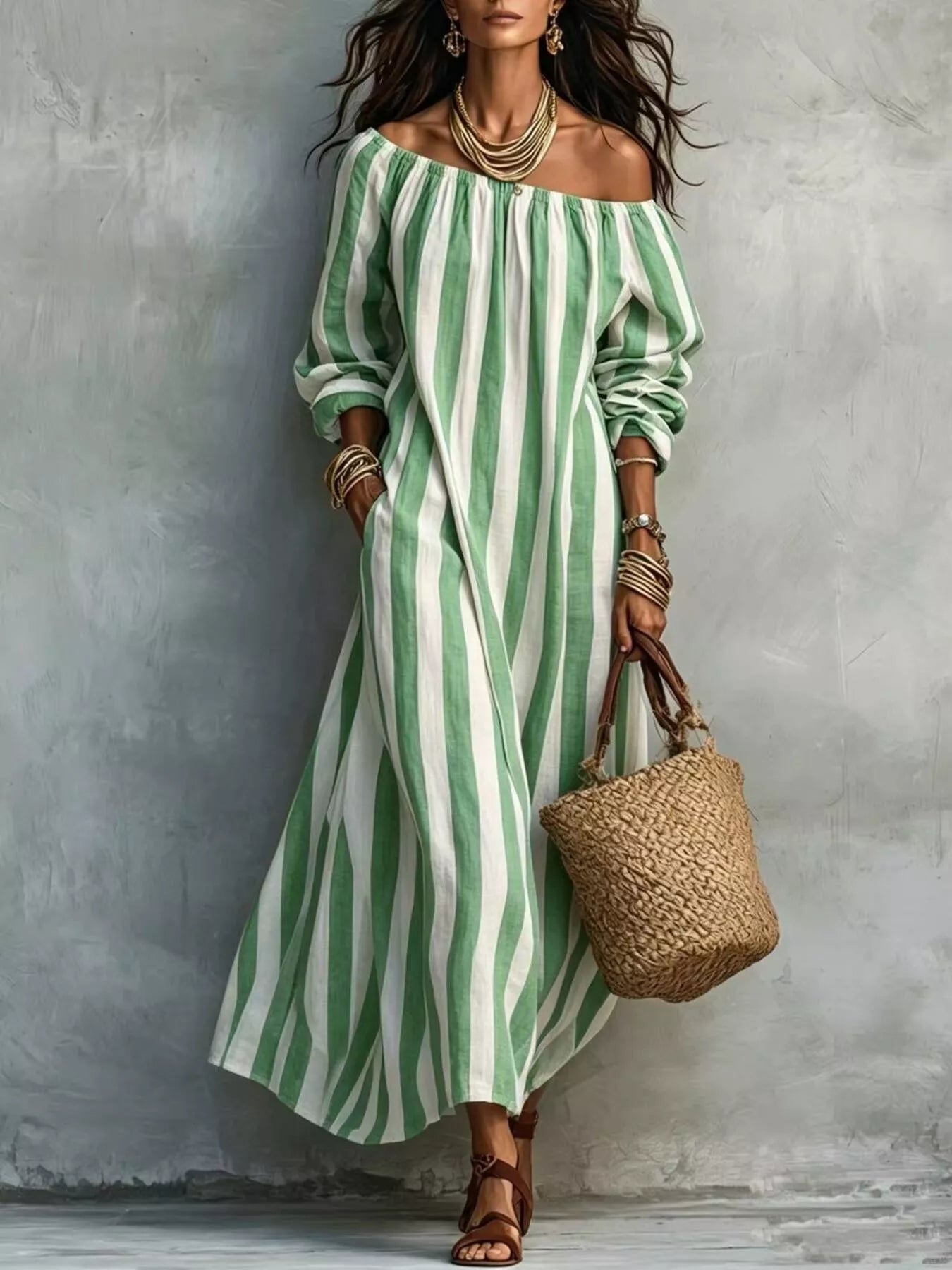 Trendsi Off-Shoulder Striped Dress with Pockets -