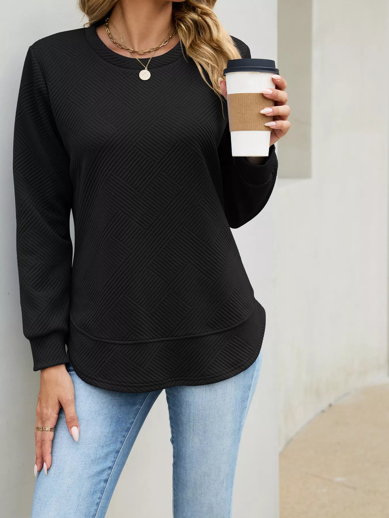 Trendsi Textured Crew Neck Sweatshirt -