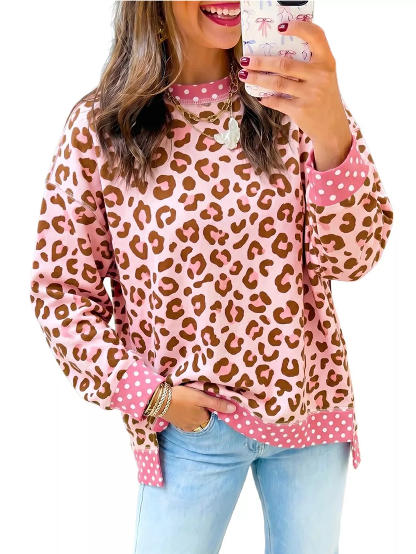 Trendsi Side Slit Leopard Sweatshirt with Polka Dot Trim -
