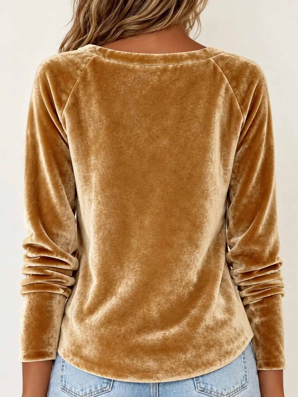 Gold velvet cowl neck long sleeve t shirt, back view