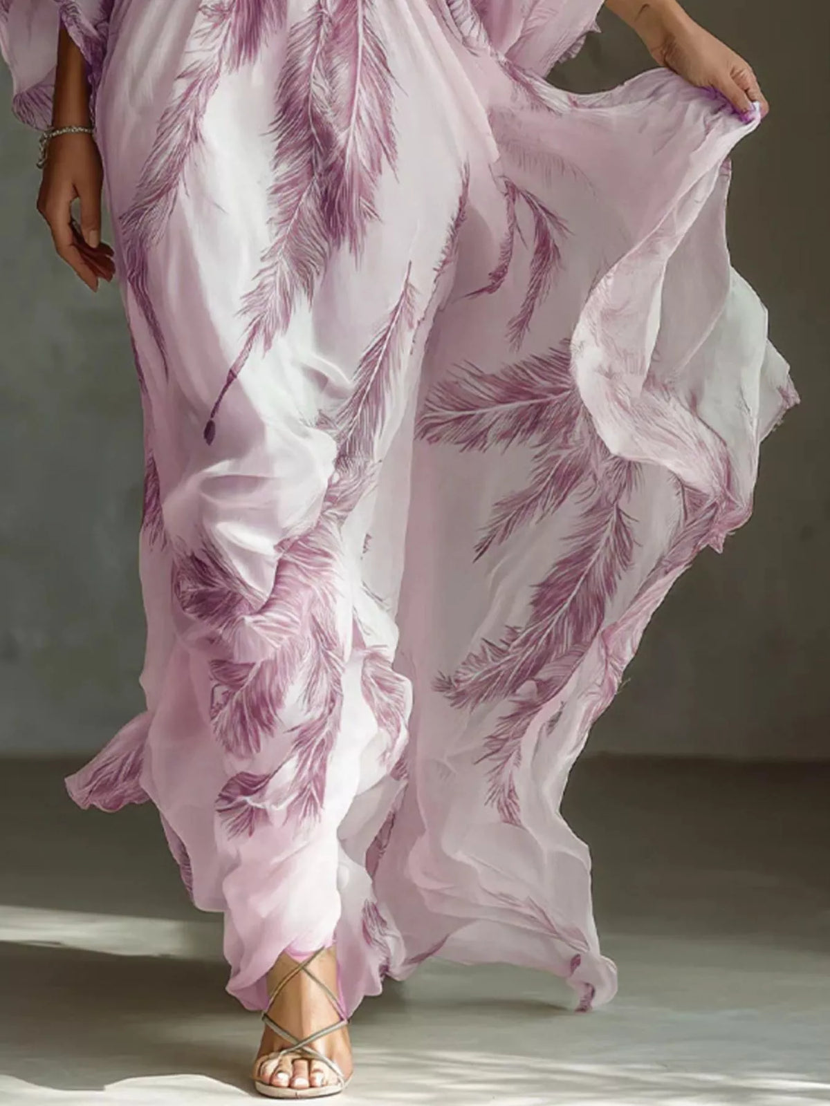 Feather-print V-neck flowy maxi dress