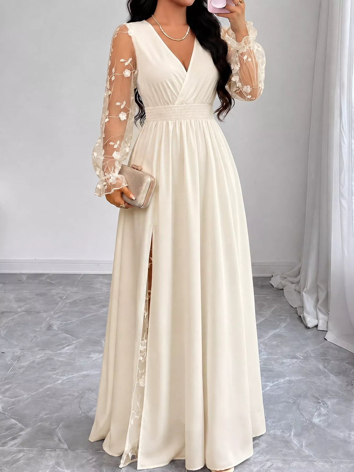 V-neck long sleeve maxi dress, front view on model