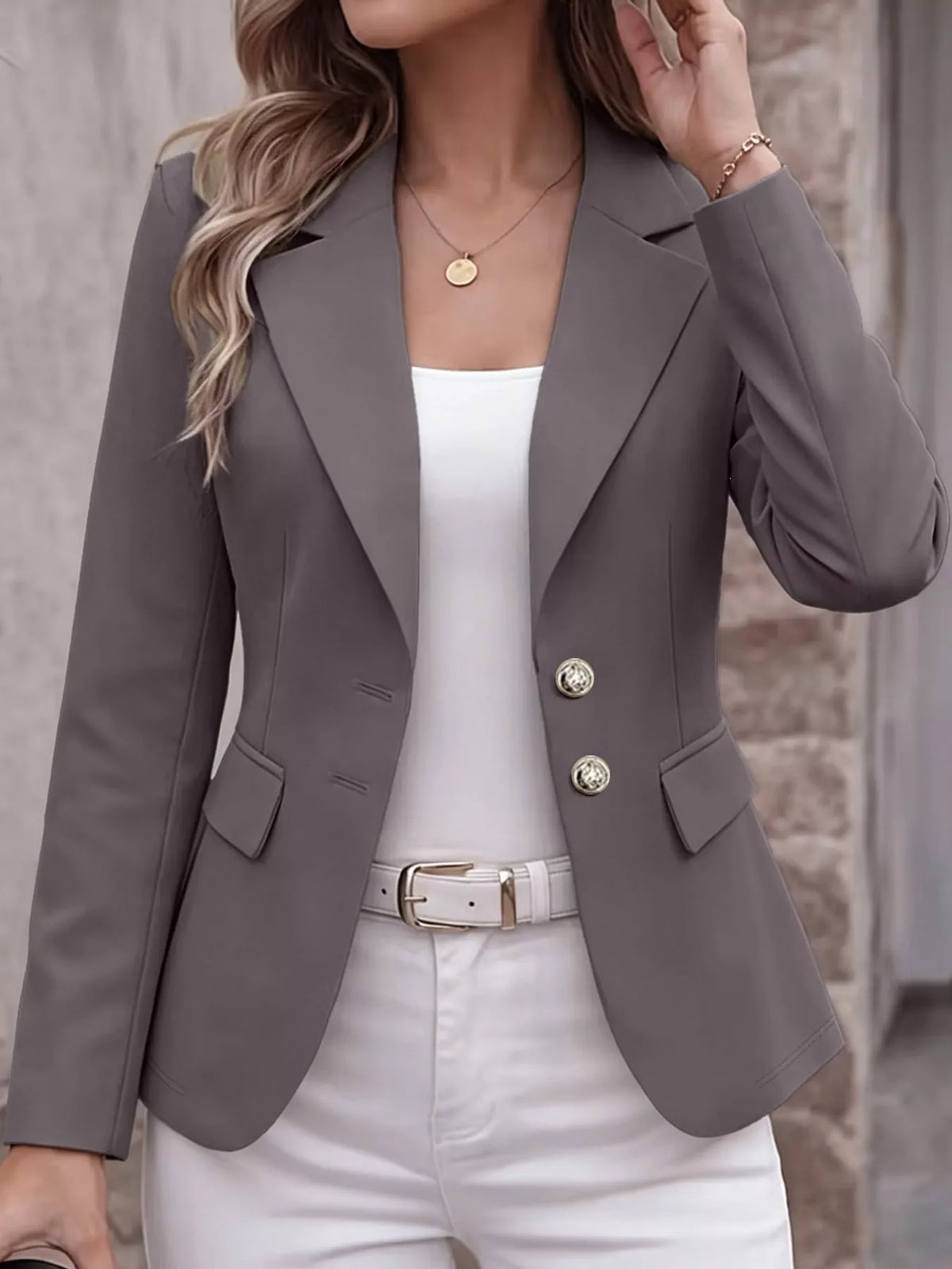 Collared long sleeve blazer, front view on model