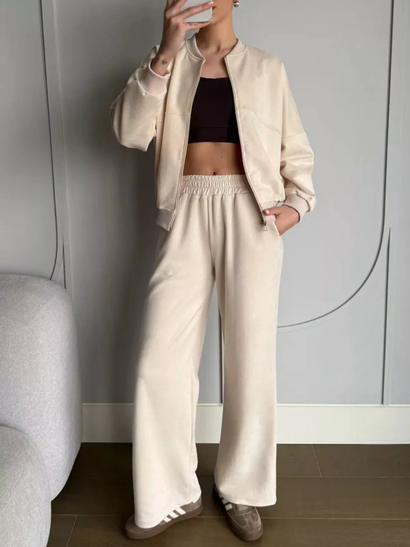 Trendsi Zip Up Sweatshirt and Wide-Leg Pants Set -