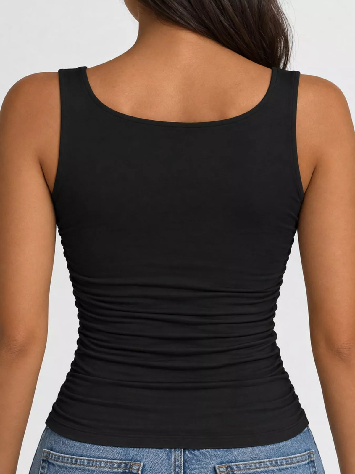 Black square neck ruched slim fit tank top, back view
