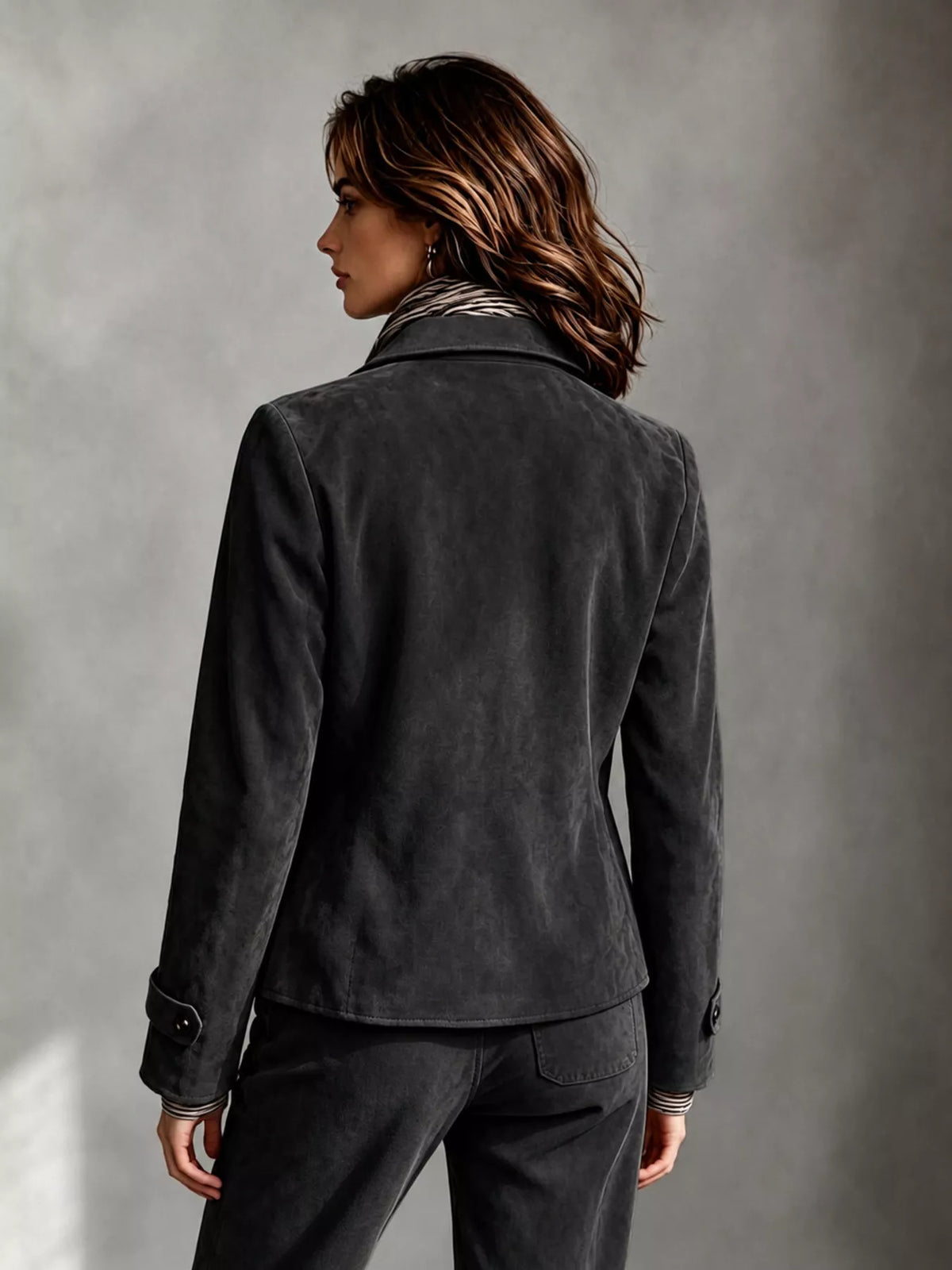 Black faux-suede button-front utility blazer, back view.