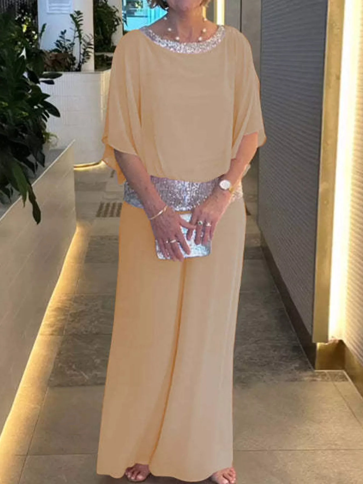 Chiffon Top and Wide-Leg Pants Set — front view