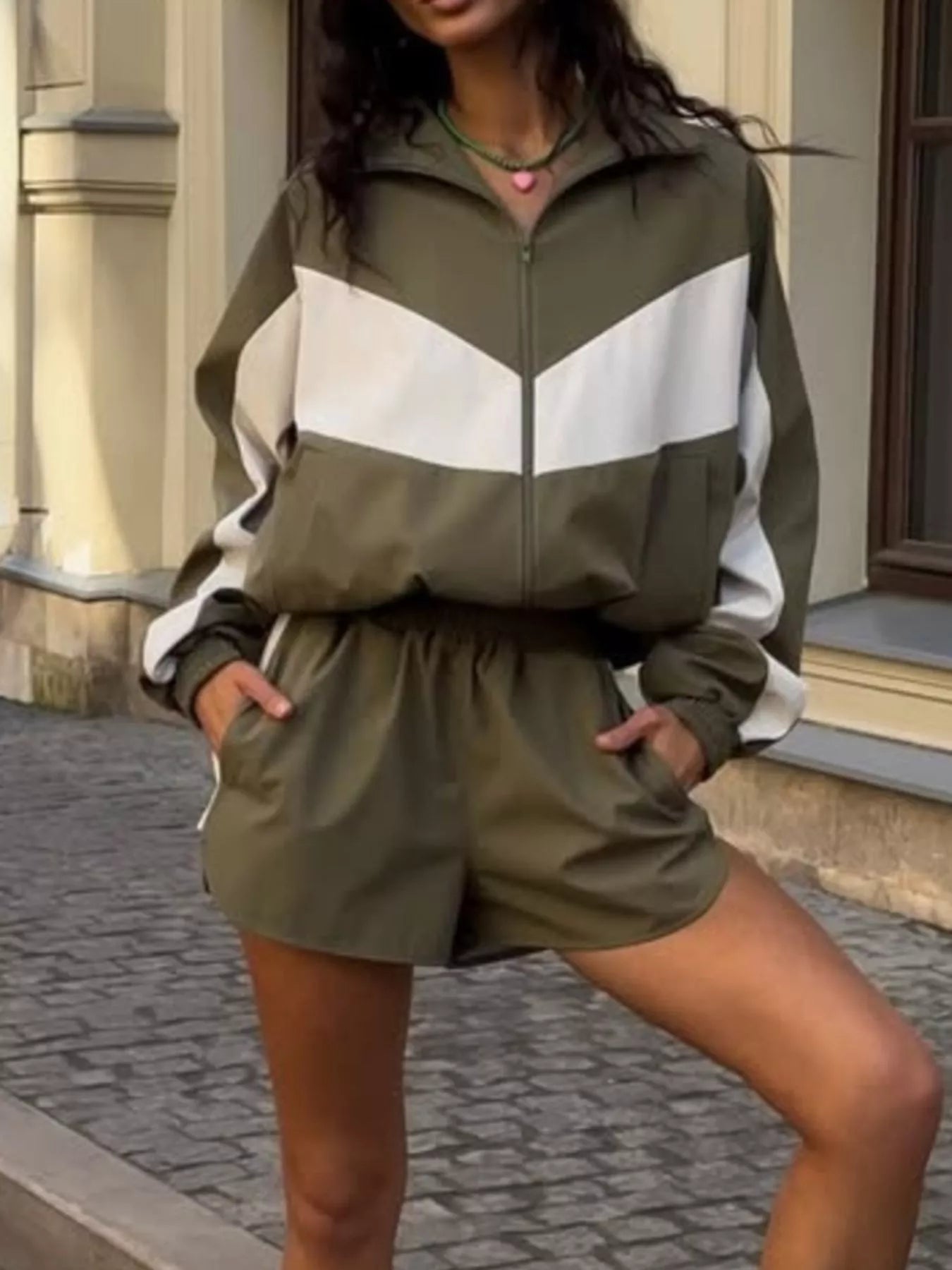 Trendsi Color-Block Zip-Up Jacket and Shorts Set -