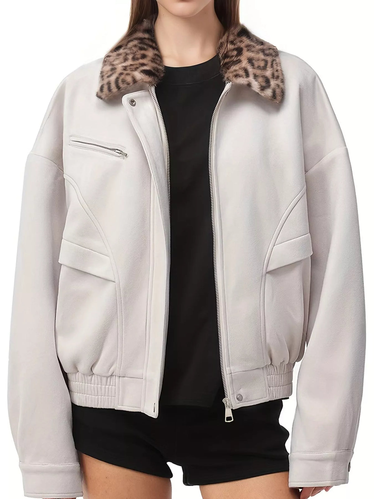 Cream leopard collar zip-up jacket — front view