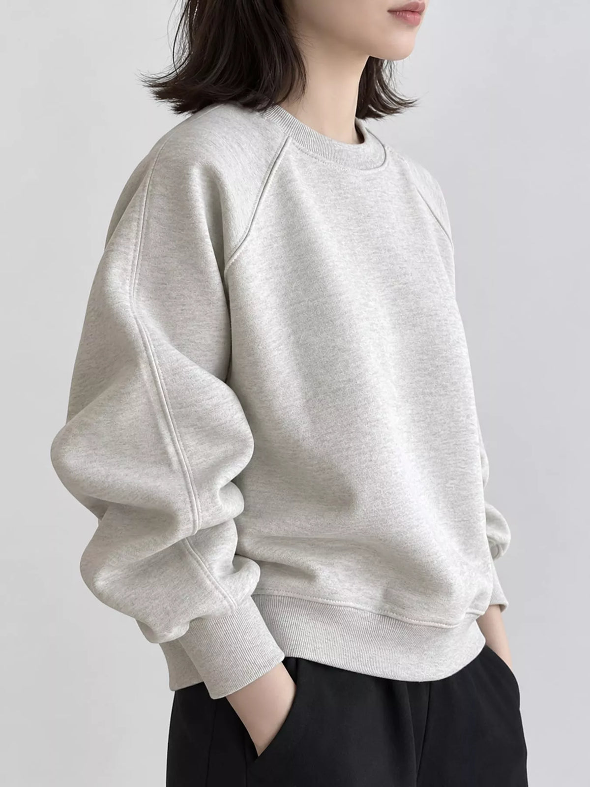 Light Gray ribbed seam detail round neck sweatshirt