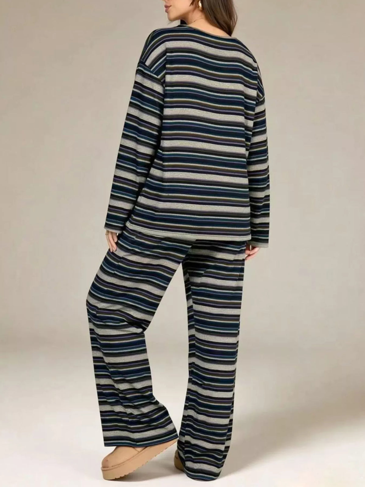 Trendsi Striped Long-Sleeve Top and Wide-Leg Pants Set -