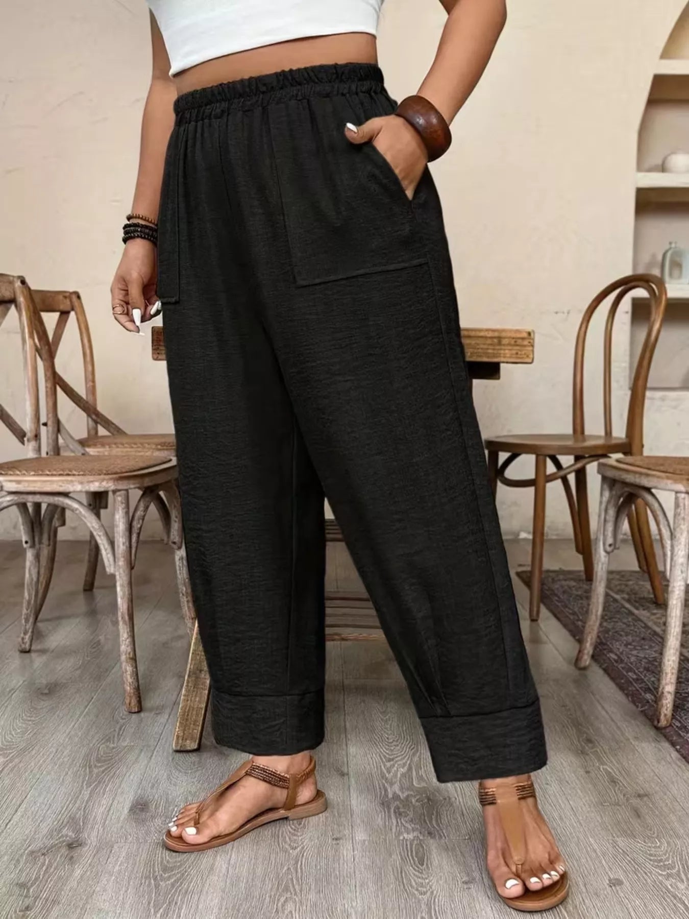 Trendsi Plus Size High-Waisted Elastic Waist Pants with Pockets -