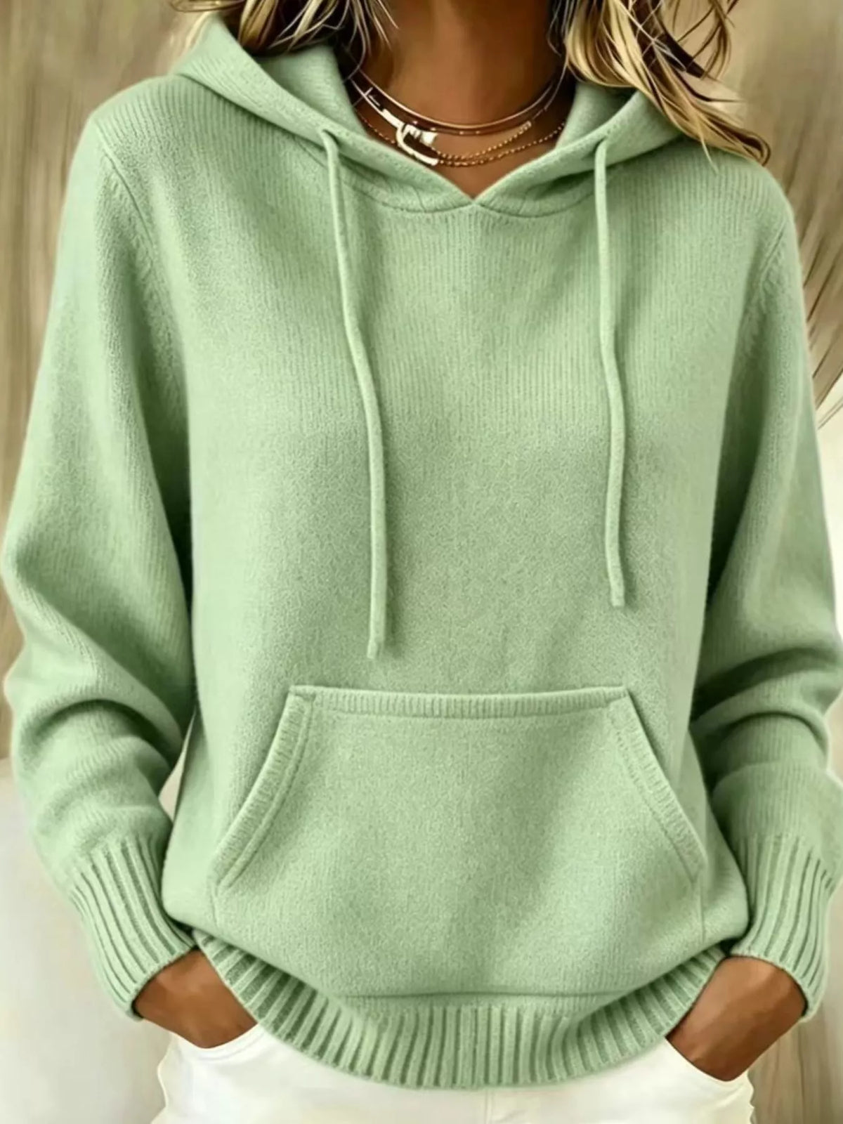 Women's Drawstring Kangaroo Pocket Hooded Sweater in sage — front view