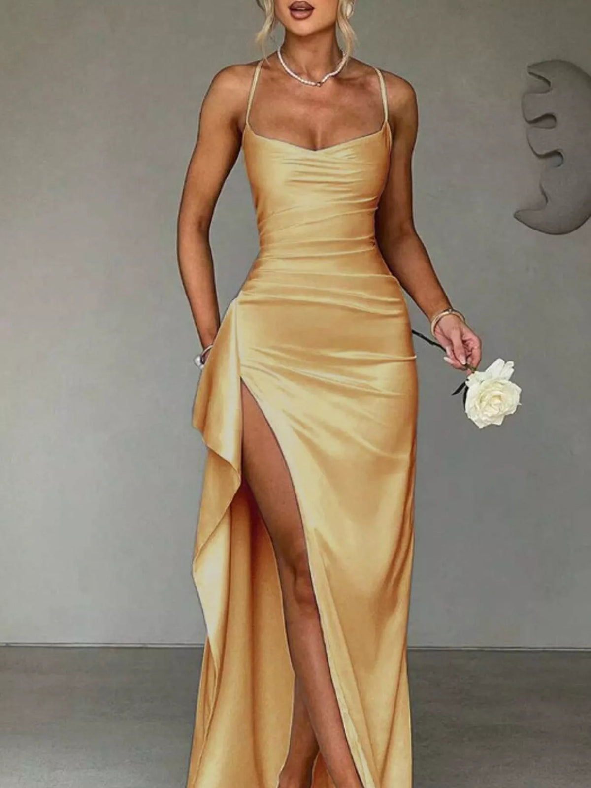Gold satin ruched high slit maxi dress, front view