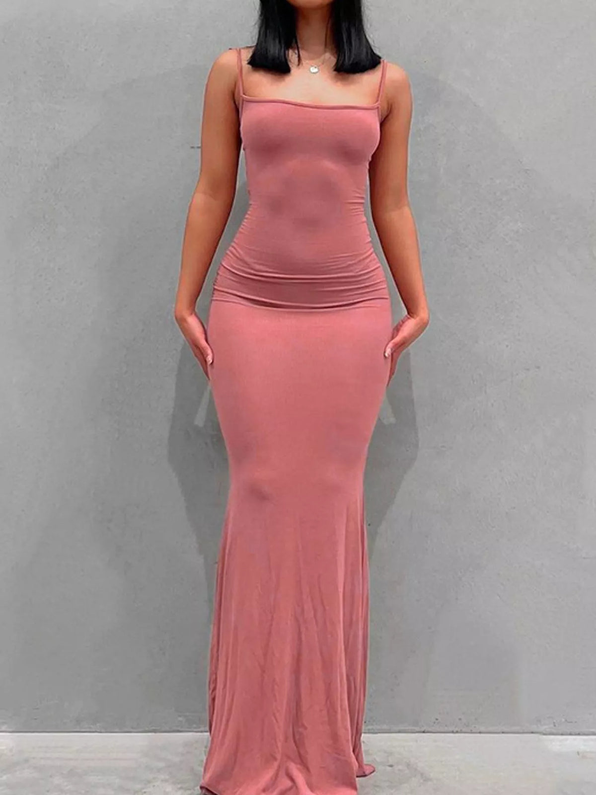 Pink bodycon spaghetti strap maxi dress, front view