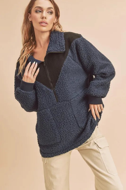Two-tone half-zip fleece short-sleeve sweatshirt