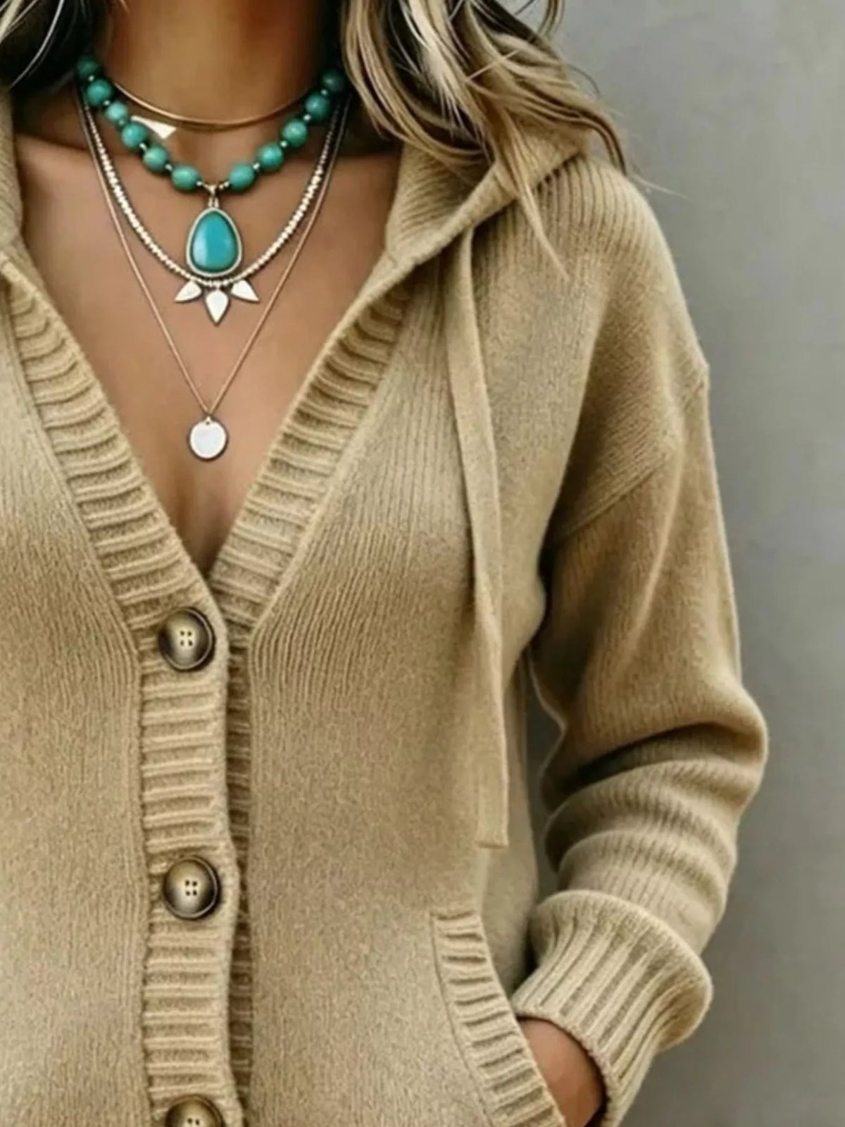 Women's Hooded Button-Down Knit Cardigan in beige — button detail view
