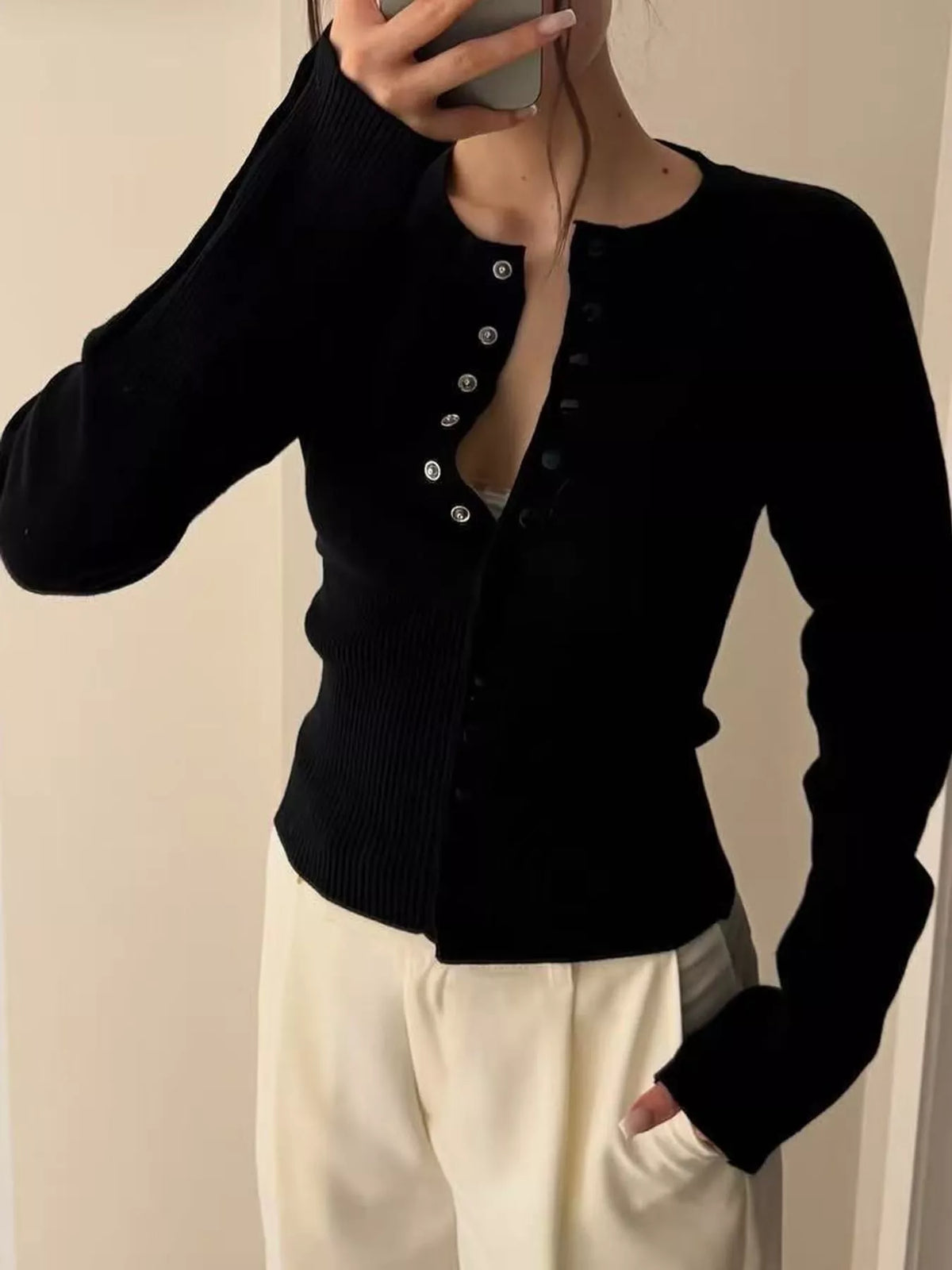 Black button up ribbed waist cardigan