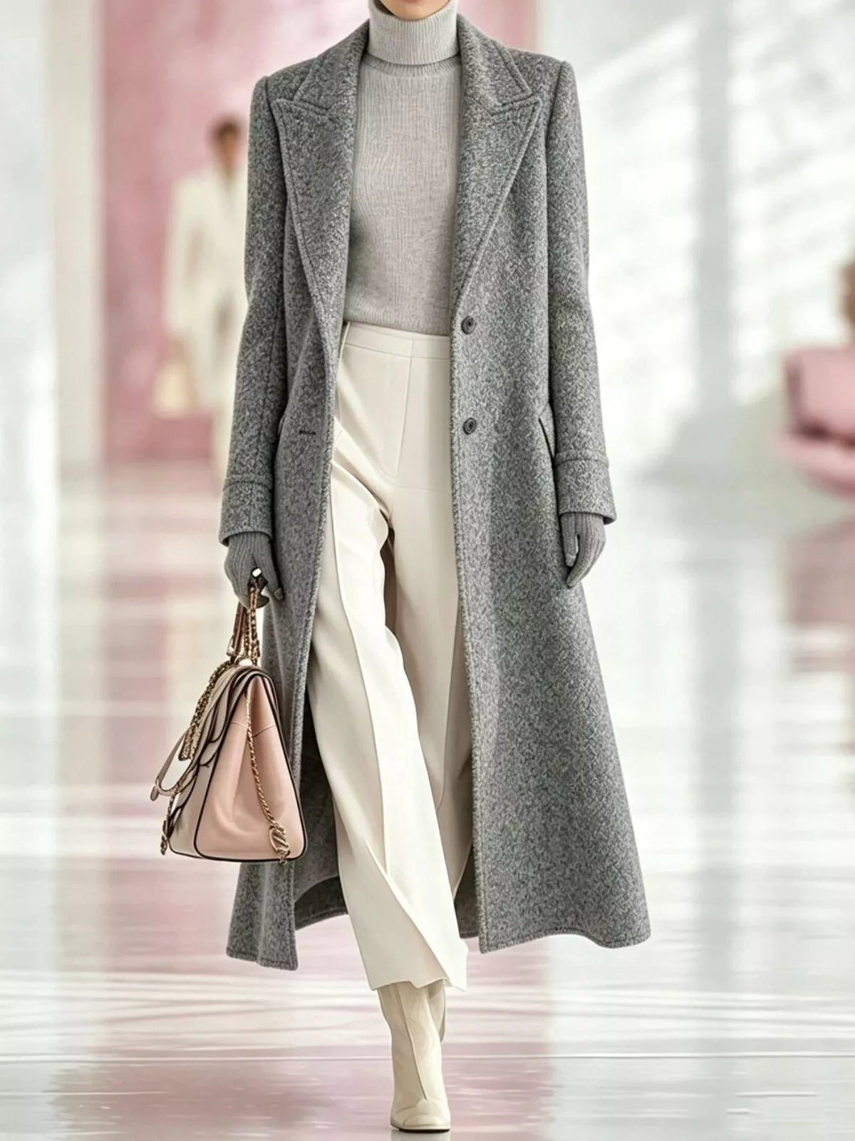 Women's Lapel Collar Longline Coat in gray — front view