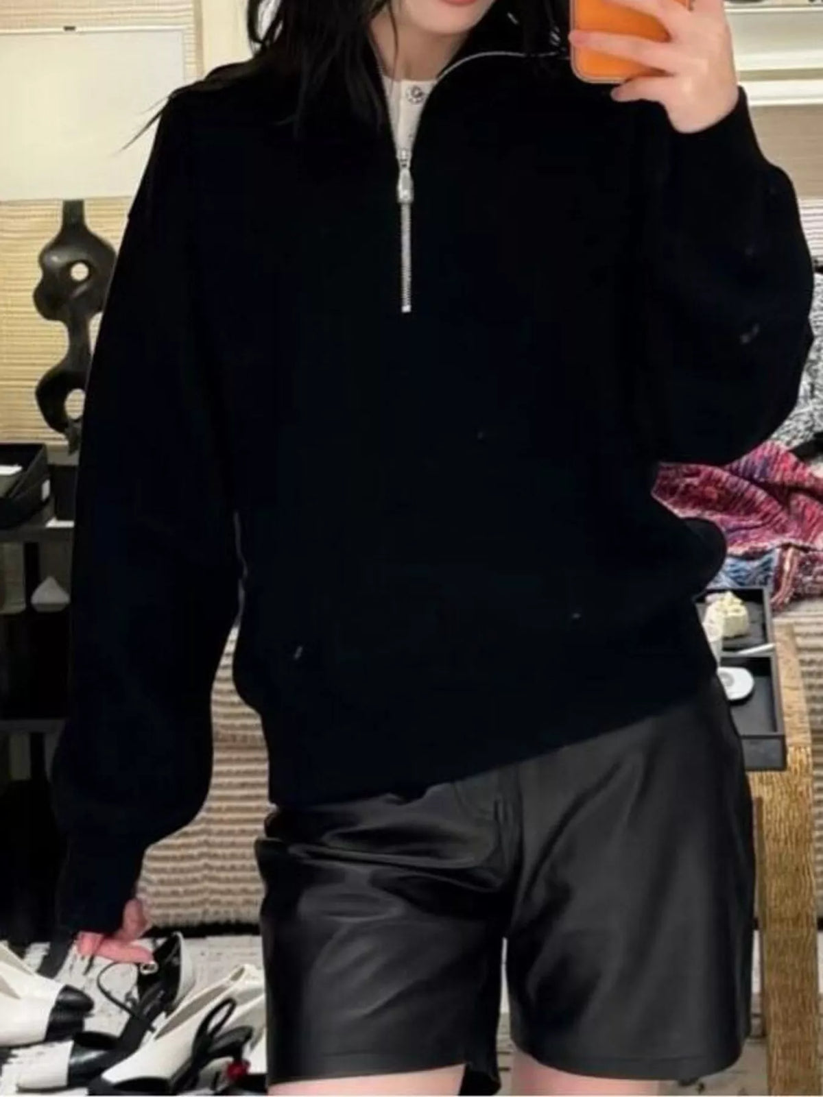 Women's Half-Zip Dropped Shoulder Sweater in black — front view