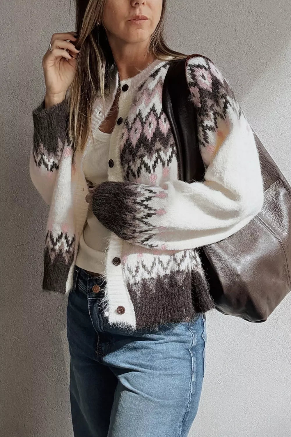 Trendsi Geometric Pattern Brushed Knit Button Cardigan -
