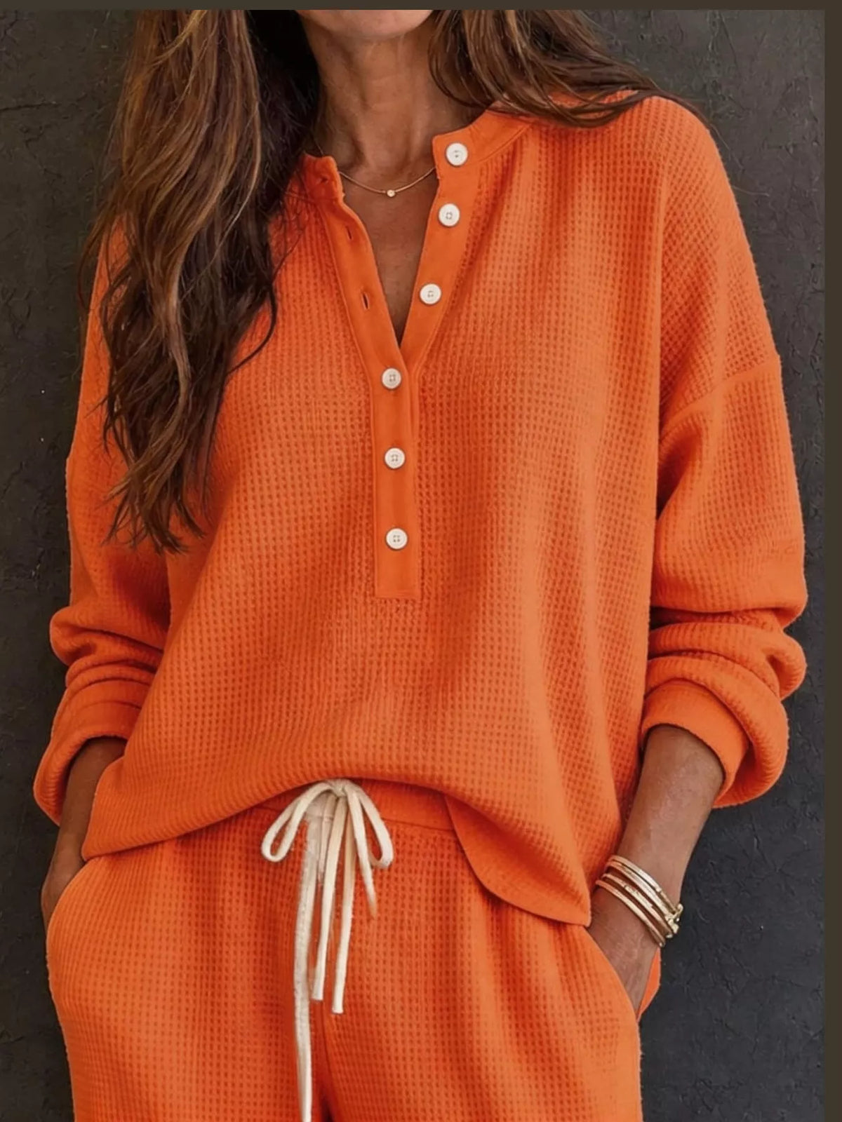 Orange waffle knit button detail top and pants set