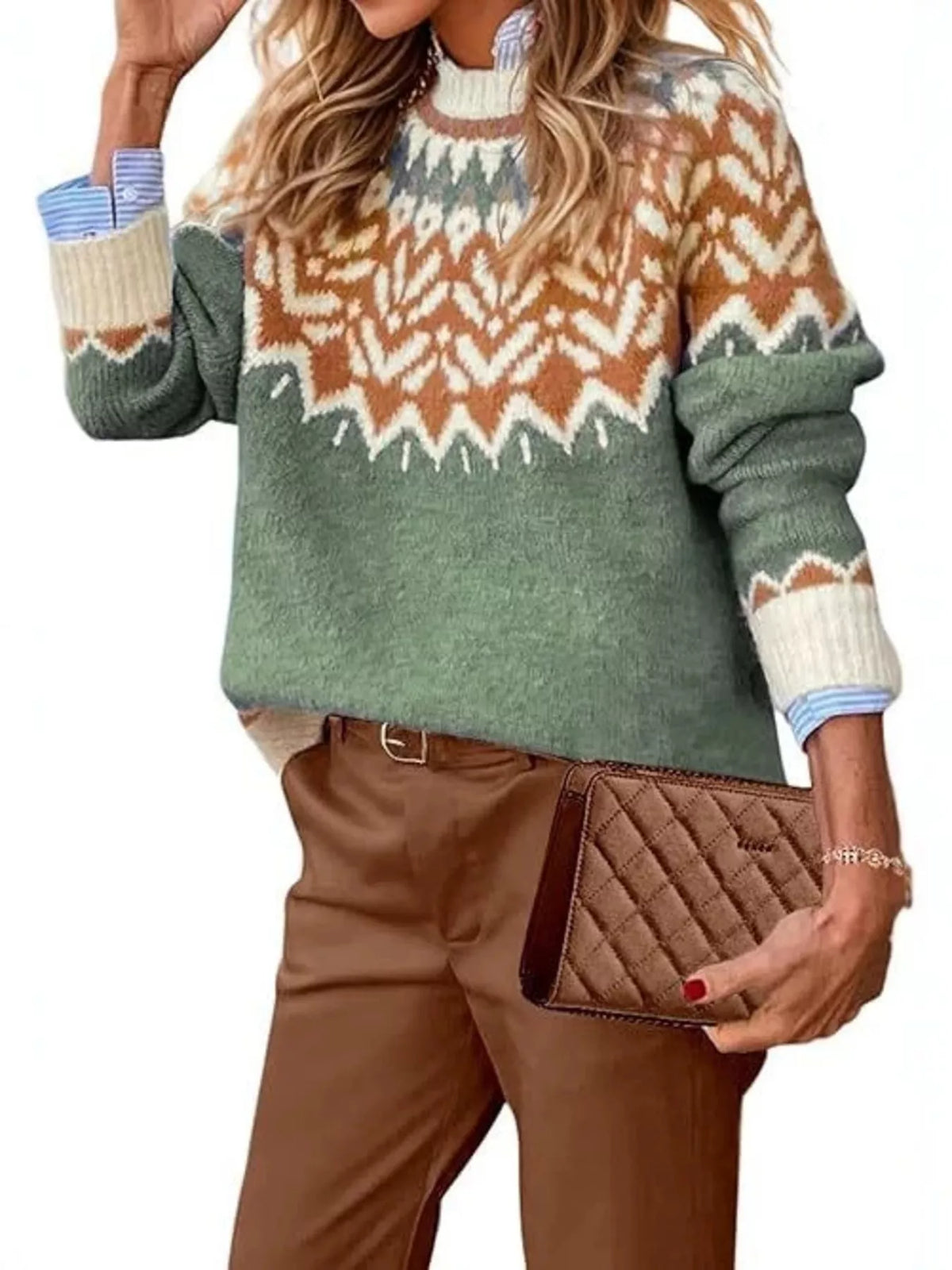 Fair Isle Patterned Long Sleeve Sweater in green, front view