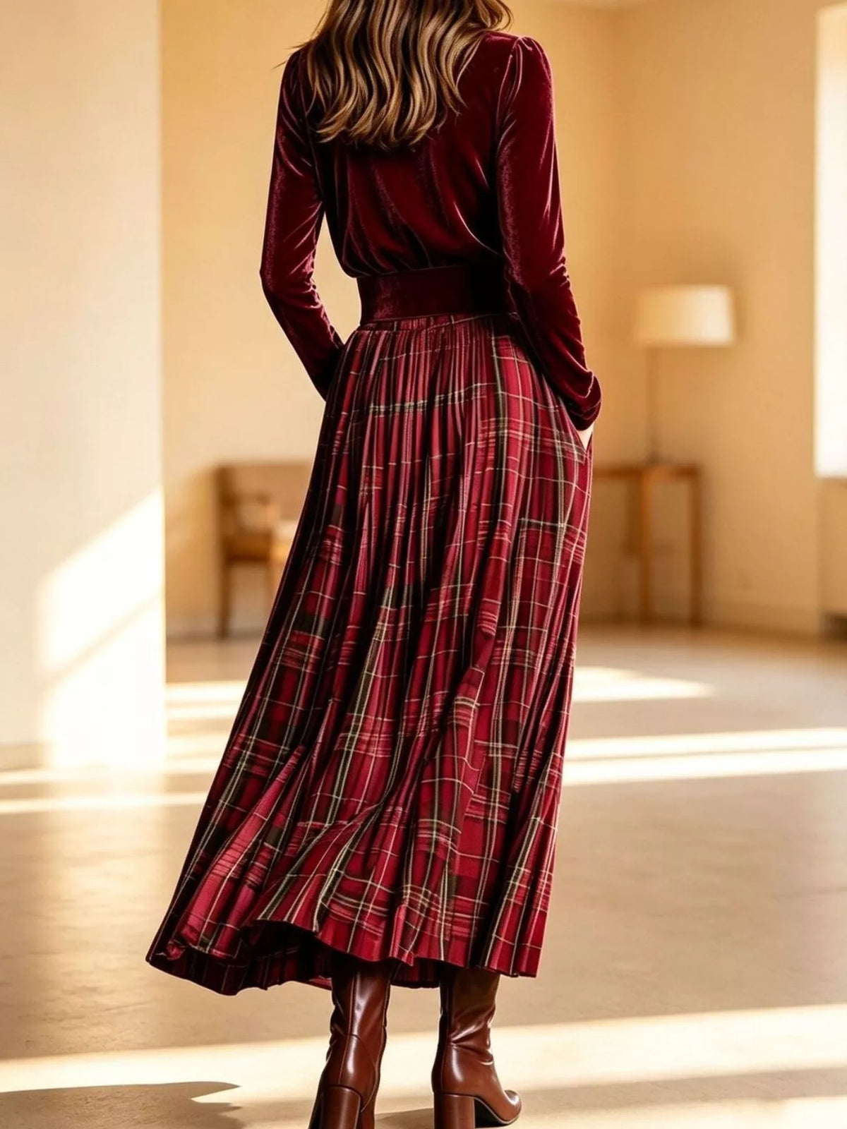 Burgundy velvet turtleneck top and plaid skirt set, back view