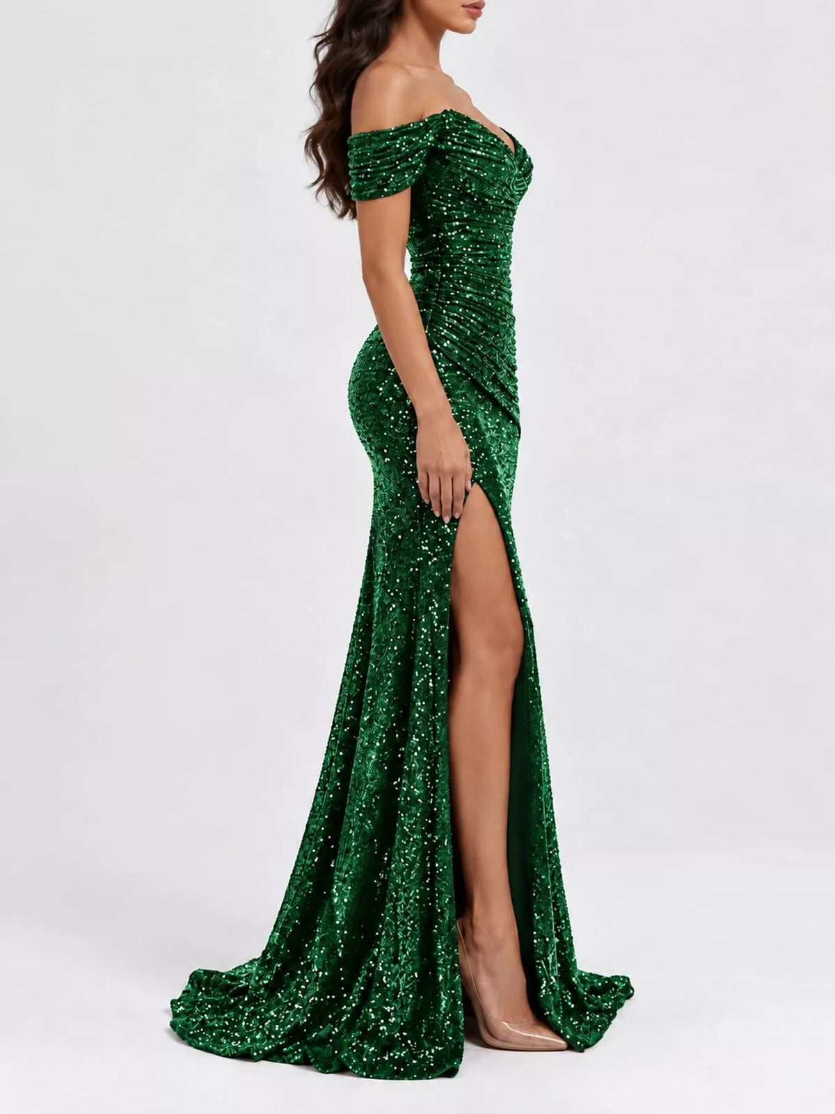 Off-shoulder short sleeve maxi dress, side view